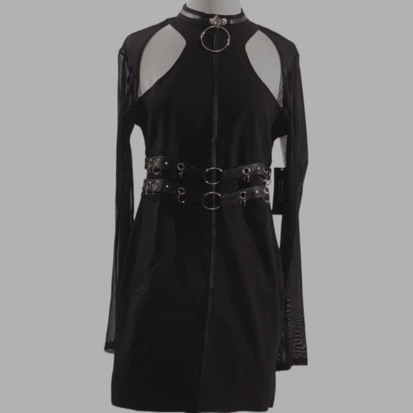 Restyle goth gothic grunge emo chain choker full zip up mesh long sleeve dress - Picture 2 of 2